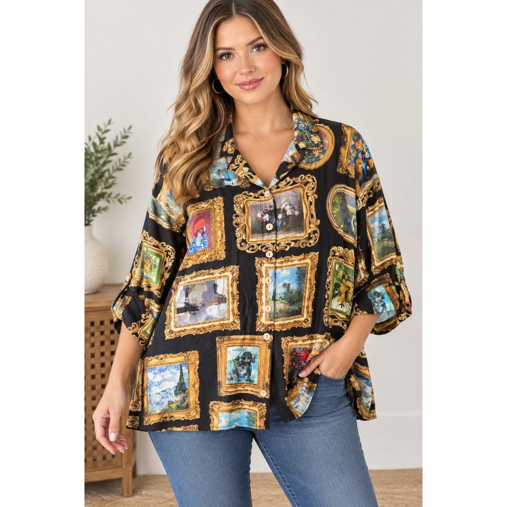 John Mark Framed Art Novelty Print Blouse Wire Collar Cinch Sleeve Sz 3X NWT